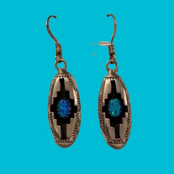 Navajo Handmade Sterling Silver Earrings w Opal - Picture 7 of 7